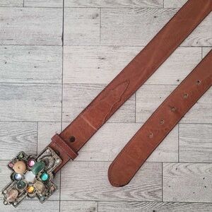 Vintage Tony Lama Western Brown Leather Cross Buckle Cowgirl Belt Women’s 36